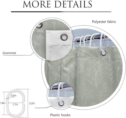 Coxila Vintage Floral Shower Curtain Green Flower Retro Spring Botanical Plants Country Cute Boho Rustic Farmhouse Wildflower Aesthetic Bathroom 60 x 72 Inch Polyester Fabric 12 Pack Hooks