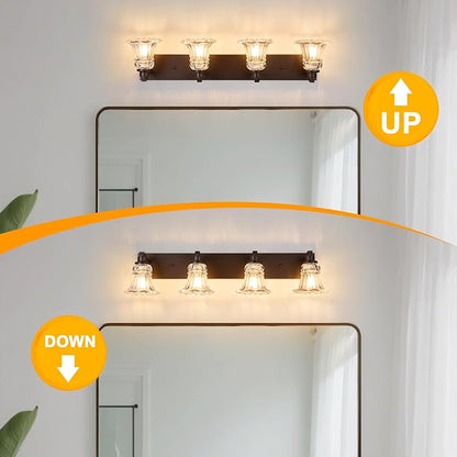Vintage 4-Light Bathroom Vanity Light, Oil Rubbed Bronze Bathroom Light Fixtures with Floral Clear Glass Shades, Antique Wall Sconce Fixtures for Dressing Table, Bedroom