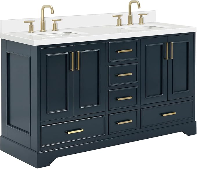 ARIEL Stafford 60-inch Bathroom Vanity with Sink,Solid Wood, 1.5-inch Pure White Quartz Countertop, Double Rectangular Porcelain Sink, 4 Soft Closing Doors, 6 Dovetail Drawers, Midnight Blue
