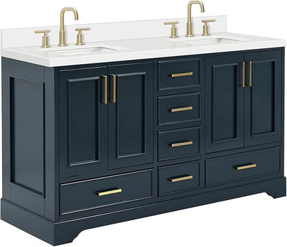 ARIEL Stafford 60-inch Bathroom Vanity with Sink,Solid Wood, 1.5-inch Pure White Quartz Countertop, Double Rectangular Porcelain Sink, 4 Soft Closing Doors, 6 Dovetail Drawers, Midnight Blue