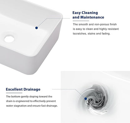 Sarlai Vessel Sink Rectangular - 16x 12 Inch White Bathroom Sink Above Counter Rectangle Modern Porcelain Ceramic Bathroom Vessel Vanity Sink Art Basin Glossy White