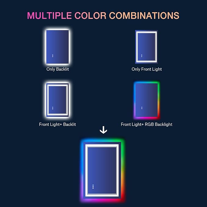 30x36 Inch RGB LED Bathroom Mirror with Lights | Front and RGB Backlit, Dimmable, Memory, Anti Fog, Shatterproof, Horizontal/Vertical, Lighted Mirrors for Bathroom Wall