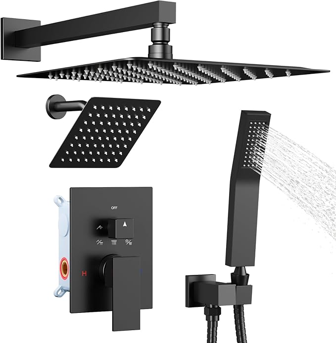Shower System Shower Faucet Set, STARBATH 12"+6" Wall Mount Rain Shower Head and Handheld Spray for Two Person, Rainfall Shower System with Diverter Valve and Trim Kit Complete,Matte Black