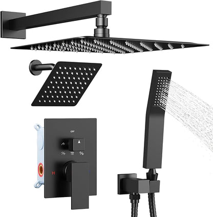Shower System Shower Faucet Set, STARBATH 12"+6" Wall Mount Rain Shower Head and Handheld Spray for Two Person, Rainfall Shower System with Diverter Valve and Trim Kit Complete,Matte Black