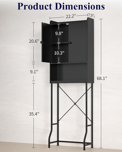 Kitsure 68.1"H Over Toilet Storage Cabinet, Magnetic Door, Adjustable Shelf | Bathroom, Laundry Room, Small Spaces, Families, Multi-Compartment Storage, Anti-Tip Design, Black, 3 Tier Storage