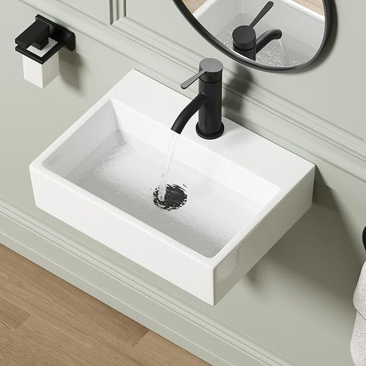Wall Mounted Bathroom Vessel Sink, QISHKA 19" X 14" Rectangular Floating Ceramic Wash Hand Basin White Wall Hung Vanity Sink for Bathroom and Cloakroom