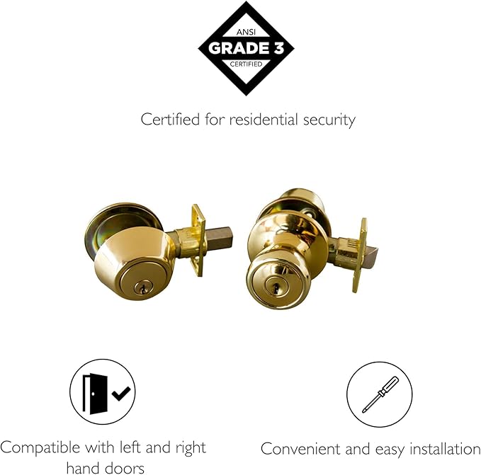 Design House 728329 Terrace 6-Way Universal Entry Door Knob and Single Cylinder Deadbolt Polished Brass