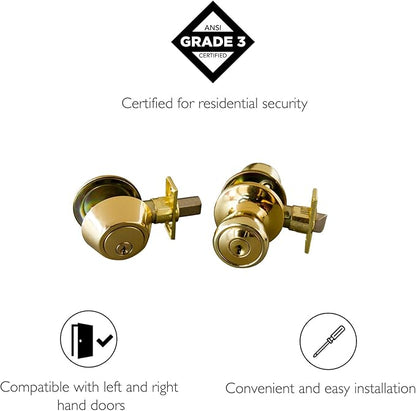 Design House 728329 Terrace 6-Way Universal Entry Door Knob and Single Cylinder Deadbolt Polished Brass