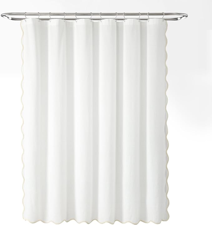 Lush Decor Coastal Chic Scallop Edge Linen-Textured Shower Curtain, Single 72" W x 72" L, Neutral & White - Scalloped Shower Curtains - Coastal Bathroom Curtain