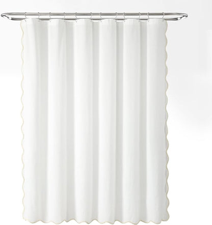 Lush Decor Coastal Chic Scallop Edge Linen-Textured Shower Curtain, Single 72" W x 72" L, Neutral & White - Scalloped Shower Curtains - Coastal Bathroom Curtain