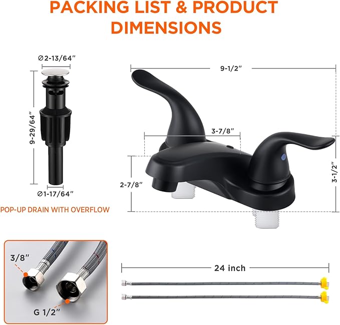 Bathroom Sink Faucets 2/3 Hole,Matte Black Dual Handles 4 inch Plastic Plating Over Bathroom Faucet with Pop-up Drain and 2 Supply Hoses for Apartment Rvs Sink Vanity