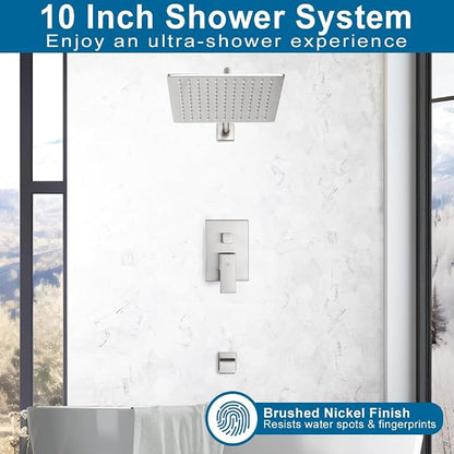 Shower Tub Faucet Set Brushed Nickel Bathroom Shower System with Tub Spout Wall Mounted Rainfall 10 Inch Thickened Shower Head and Handle Set Include Shower Valve and Trim Kit