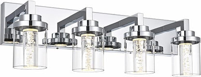 MELUCEE 4-Light LED Bathroom Lighting Fixtures Chrome, 5CCT Adjustable | Dimmable LED Vanity Light for Bathroom Bubble Crystal Bathroom Wall Lights with Clear Glass Shade, Built-In LED Chips
