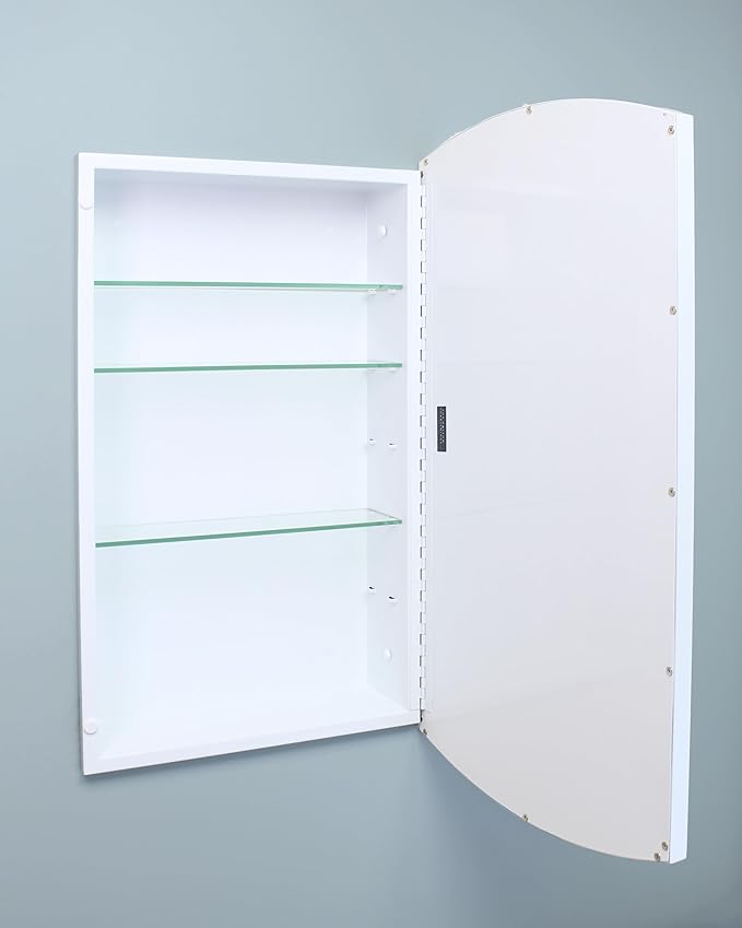 Fox Hollow Furnishings 16x26 Harper Crescent Metal Framed Rectangle Recessed Bathroom Medicine Cabinet, Arced Mirror, 14x24 in-Wall Opening, Adjustable Glass Shelves, Magnet Close, White
