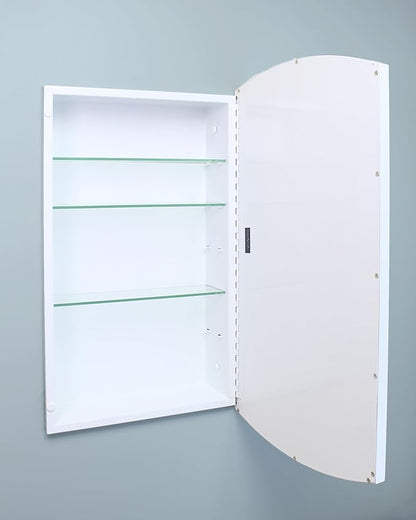 Fox Hollow Furnishings 16x26 Harper Crescent Metal Framed Rectangle Recessed Bathroom Medicine Cabinet, Arced Mirror, 14x24 in-Wall Opening, Adjustable Glass Shelves, Magnet Close, White