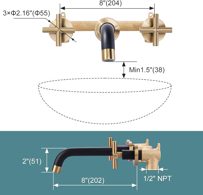 ARCORA Wall Mount Bathroom Faucet, Black and Gold Bathroom Sink Faucet, 2 Handle Wall Mount Vessel Sink Faucet Rough in Brass Valve Included