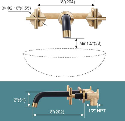ARCORA Wall Mount Bathroom Faucet, Black and Gold Bathroom Sink Faucet, 2 Handle Wall Mount Vessel Sink Faucet Rough in Brass Valve Included
