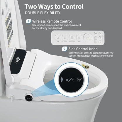 Heated Bidet Toilet Seat Elongated with LED Display & Remote Control - Smart Soft Close Toilet Seat Electric Bidet with Dryer, Warm Water, Feminine Wash, Self-Cleaning Nozzle, IPX4, White
