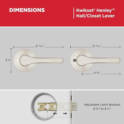 Kwikset Henley Interior Passage Door Handle, Lever For Closet and Hallway Doors, Reversible Non-Locking Handle Lever, Satin Nickel, with Microban Protection