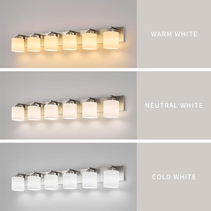 mirrea 6-Light Brushed Nickel Bathroom Vanity Light with White Glass Shades | Over Mirror,Wall Sconce,ETL listed,Bathroom Lighting Fixtures,Elegant Design,Milk White Glass Shade,Easy Installation