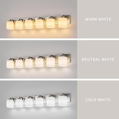 mirrea 6-Light Brushed Nickel Bathroom Vanity Light with White Glass Shades | Over Mirror,Wall Sconce,ETL listed,Bathroom Lighting Fixtures,Elegant Design,Milk White Glass Shade,Easy Installation
