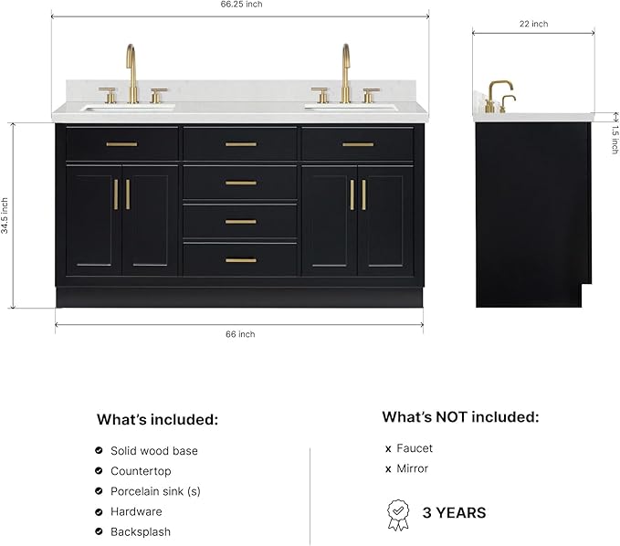ARIEL Hepburn 66-inch Bathroom Vanity with Sink,Solid Wood, 1.5-inch Carrara White Quartz Countertop & Backsplash, Double Rectangular Porcelain Sink, 4 Soft Closing Doors, 6 Dovetail Drawers, Black