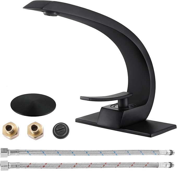 Matte Black Bathroom Sink Vanity Elegance Swan Faucet for 1 Hole with 6-Inch 3 Hole Deckplate,Rikaziya Bathroom Fixtures Faucets Pop Up Overflow Drain with 9/16" Supply Hose and to 1/2" Adapter Combo