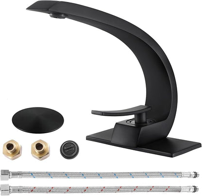 Matte Black Bathroom Sink Vanity Elegance Swan Faucet for 1 Hole with 6-Inch 3 Hole Deckplate,Rikaziya Bathroom Fixtures Faucets Pop Up Overflow Drain with 9/16" Supply Hose and to 1/2" Adapter Combo