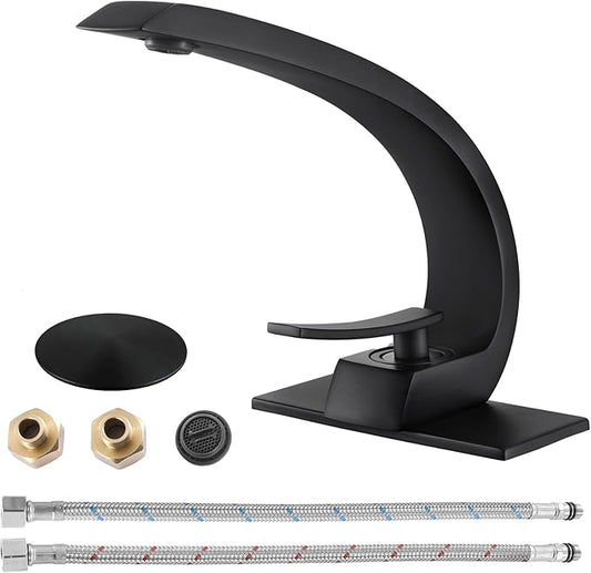 Matte Black Bathroom Sink Vanity Elegance Swan Faucet for 1 Hole with 6-Inch 3 Hole Deckplate,Rikaziya Bathroom Fixtures Faucets Pop Up Overflow Drain with 9/16" Supply Hose and to 1/2" Adapter Combo