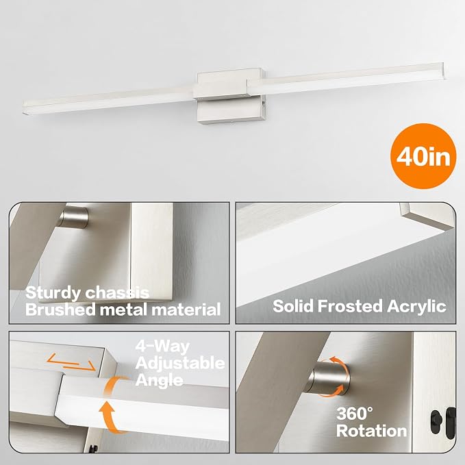 SOLFART Bathroom Light Fixture 40-Inch: Brushed Nickel Dimmable Vanity Lights for Bathroom, Built-in Dimmer, Thickened Aluminum Body, 360 Degree Rotation, ETL IP44