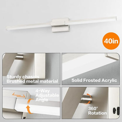 SOLFART Bathroom Light Fixture 40-Inch: Brushed Nickel Dimmable Vanity Lights for Bathroom, Built-in Dimmer, Thickened Aluminum Body, 360 Degree Rotation, ETL IP44