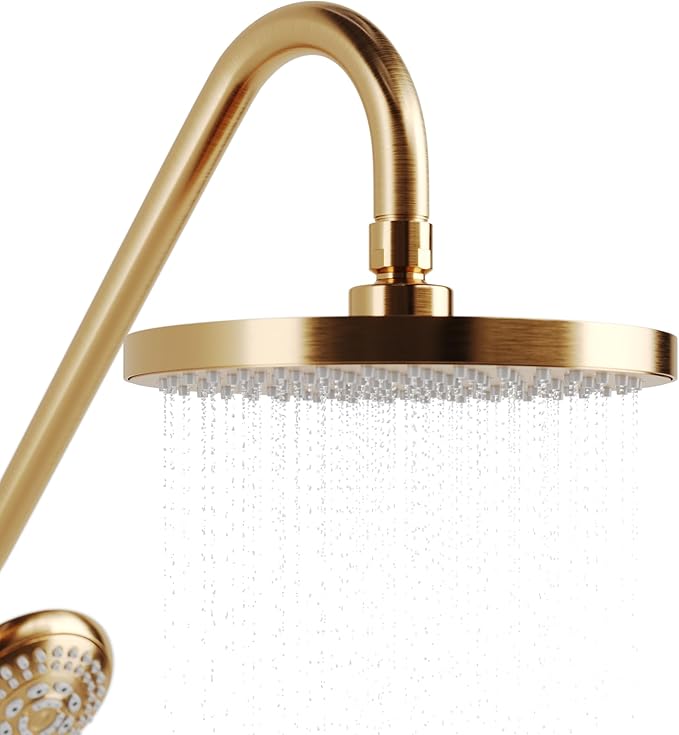 PULSE ShowerSpas Kauai III Brushed Gold Rain Shower Head with Handheld Spray - 2.5 GPM, 8" Showerhead, 5-Function HandShower, Adjustable Slide Bar - Shower Heads with Handheld Spray Combo