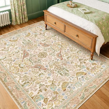 Hazo Haus Washable Area Rugs 5x7 for Living Room - Boho Cottagecore Earthy Rugs for Bedroom, Dining Room, Office with Vintage Beige Taupe Botanical & Bird Pattern, Non Slip Stain Resistant Low Pile