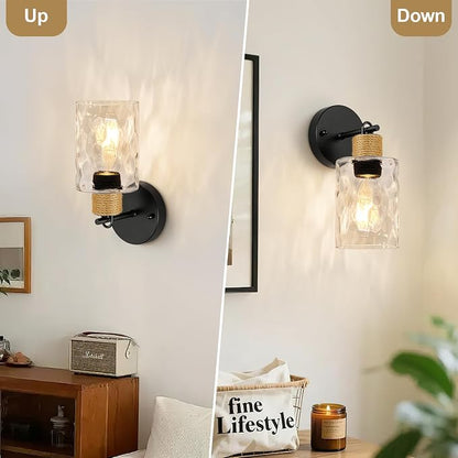 MOKATNG Set of 2 Wall Sconces for Bathroom, Coastal Modern Vanity Lights with Crystal Glass Shade, Black Bathroom Wall Lamp for Mirror Kitchen Living Room Hallway Cabinet Porch