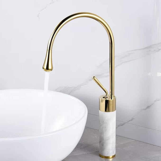 Premium Gold Brass & Marble Bathroom Faucet Hot & Cold Water Mixer Swivel Sink Tap Elegant Design for Modern Vanities Durable Copper Construction，Golden High