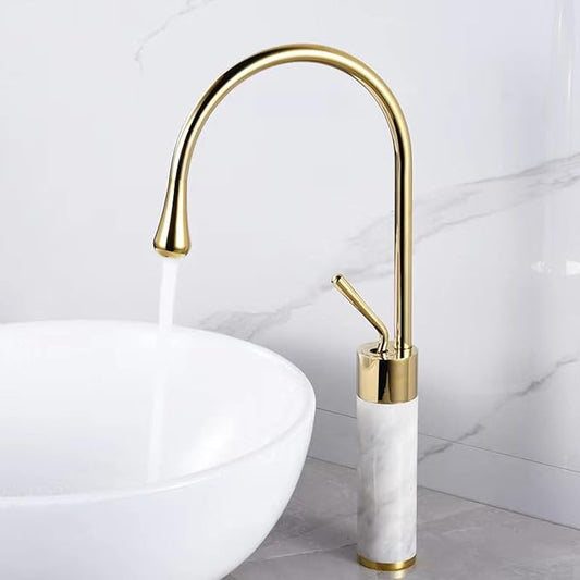 Premium Gold Brass & Marble Bathroom Faucet Hot & Cold Water Mixer Swivel Sink Tap Elegant Design for Modern Vanities Durable Copper Construction，Golden High