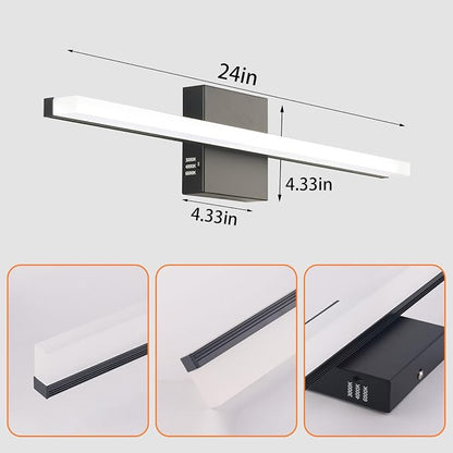 24 Inch LED Bathroom Vanity Light, 3-Color Selectable 3000K-6000K, IP44 Waterproof Wall Sconce for Makeup Mirror, Modern Black Vanity Lighting for Bathroom & Bedroom