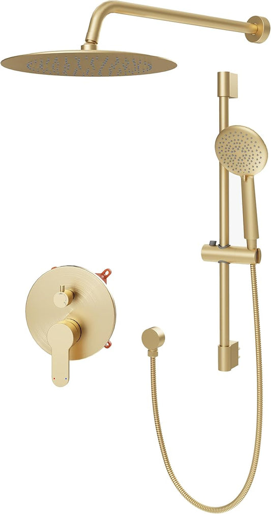 Gabrylly Shower System, Slide Bar Shower Faucet Set, 10", Brushed Gold | Rainfall Shower Head with 5-Setting Handheld Spray, Wall Mounted Shower Set Included 2-Way Shower Valve and Trim Kit