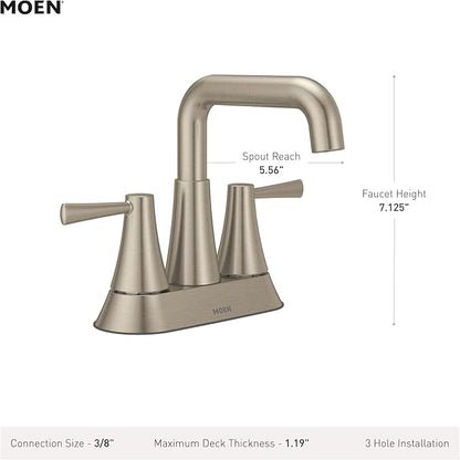 Moen Ronan Matte Black Two-Handle 4 in. Centerset Modern Double Bend Bathroom Faucet with Push-Down Drain, 84025BL