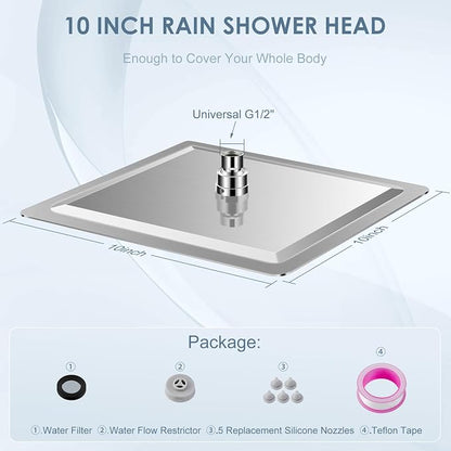 10 Inch Rain Shower Head Brushed Nickel - All Metal Stainless Steel 304, Ultra Thin Design, Modern Bathroom Square Rainfall Showerheads - Full Body Coverage Bath Shower