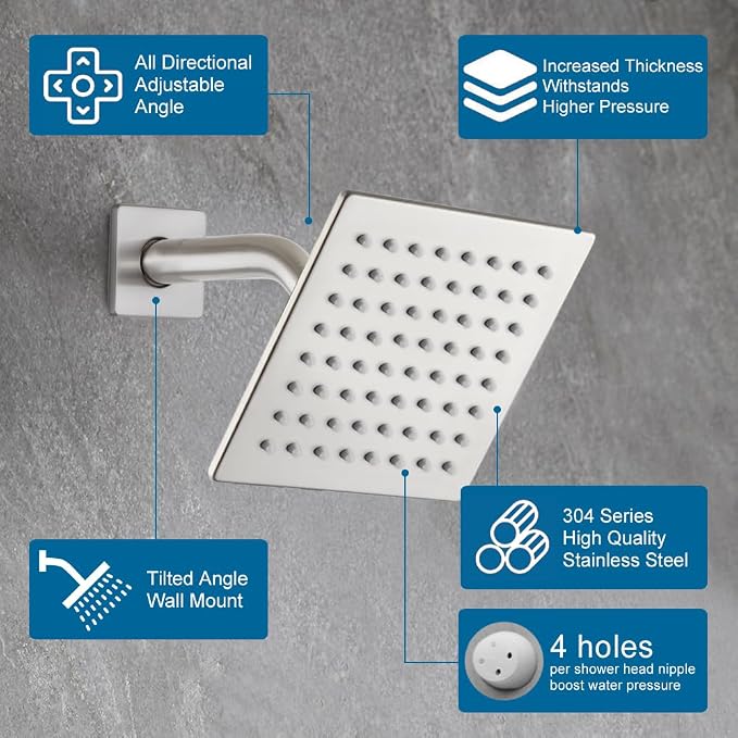 Shower Faucet Set Brushed Nickel 6 Inch Thickened Shower Head and Handle Set Shower System Wall Mounted Shower Fixture Include Shower Valve and Trim Kit