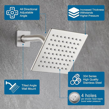 Shower Faucet Set Brushed Nickel 6 Inch Thickened Shower Head and Handle Set Shower System Wall Mounted Shower Fixture Include Shower Valve and Trim Kit