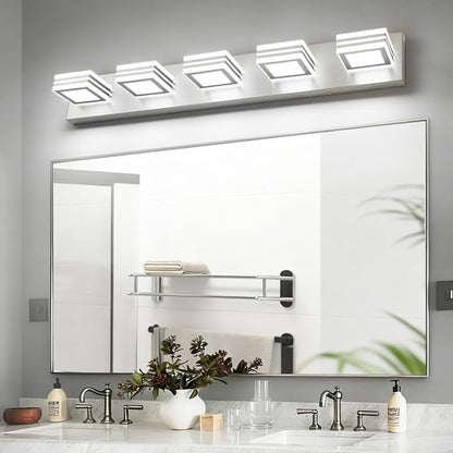 SOLFART LED Bathroom Lighting Fixtures - 5 Lights Modern Brushed Nickel Acrylic Vanity Lights for Mirror 32inch 24W