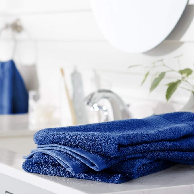 Amazon Basics 100% Cotton Fade-Resistant Hand Towels for Bathroom, Soft Absorbent, 26" x 16", Navy Blue, 6-Pack
