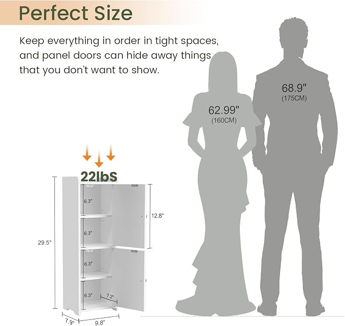 Snughome Bathroom Storage Cabinet, Small Bathroom Cabinet with 2 Doors & Adjustable Shelf, Narrow Toilet Paper Cabinet for Small Spaces, White, 7.9" D x 9.8" W x 29.5" H