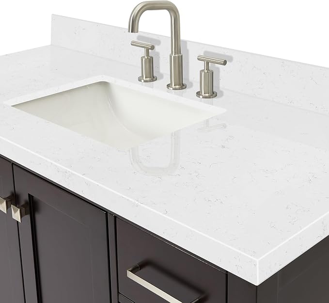 Beckford 48-Inch Bathroom Vanity with Sink — Espresso Single Sink Bathroom Vanity, 1.5" Edge Carrara White Quartz Countertop, Solid Wood, 2 Soft-Close Doors, 9 Dovetail Drawers