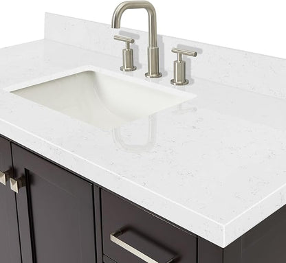 Beckford 48-Inch Bathroom Vanity with Sink — Espresso Single Sink Bathroom Vanity, 1.5" Edge Carrara White Quartz Countertop, Solid Wood, 2 Soft-Close Doors, 9 Dovetail Drawers