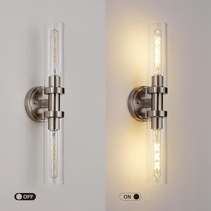 Brushed Nickel 2-Light Bathroom Vanity Light Fixture, Modern Bathroom Sconces Wall Lighting W/Clear Glass Shade, Horizontal and Vertical Wall Mount Lamp for Mirror Hallway Kitchen