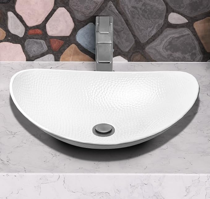 Monarch Abode Bathroom Sink – 19-Inch Harbor Vessel Bathrooms Countertop Sink, Bathroom Vessel Sinks, Above Counter Hand Hammered Classic White Aluminum Bath Sinks for Restroom Vanity or Powder Room
