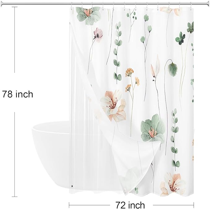 Long 3 in 1 Shower Curtain Set, Watercolor Floral Bath Curtain and PEVA Liner Set with 12 Double Sided Steel Hooks, Modern Waterproof Fabric Bathroom Curtain 72x78, Sage Green